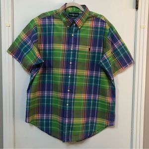 Ralph Lauren blue label green plaid madras cotton short sleeve shirt size XL EUC